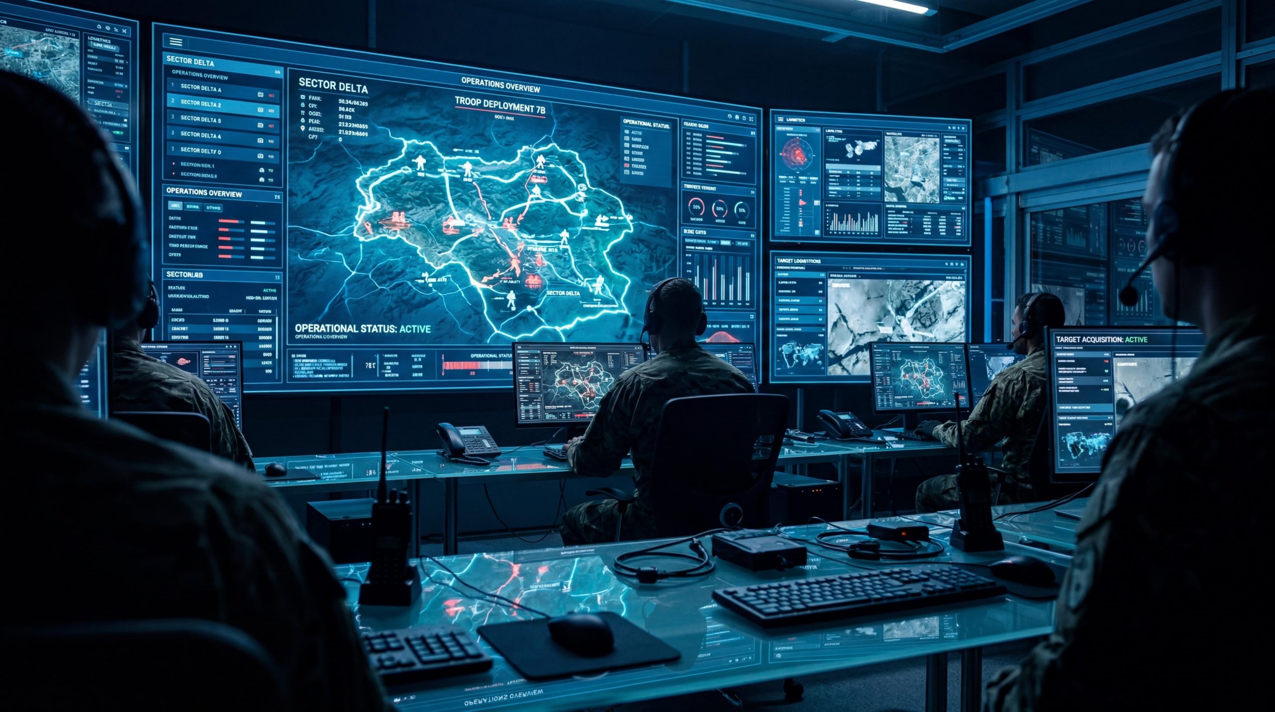 Analysts at workstations in a darkened operations centre, facing a wall of tactical map and telemetry displays.